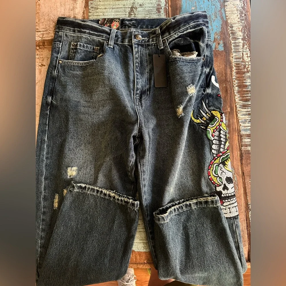 Ed Hardy Black Slim Jeans with Colorful Skull Embroidery